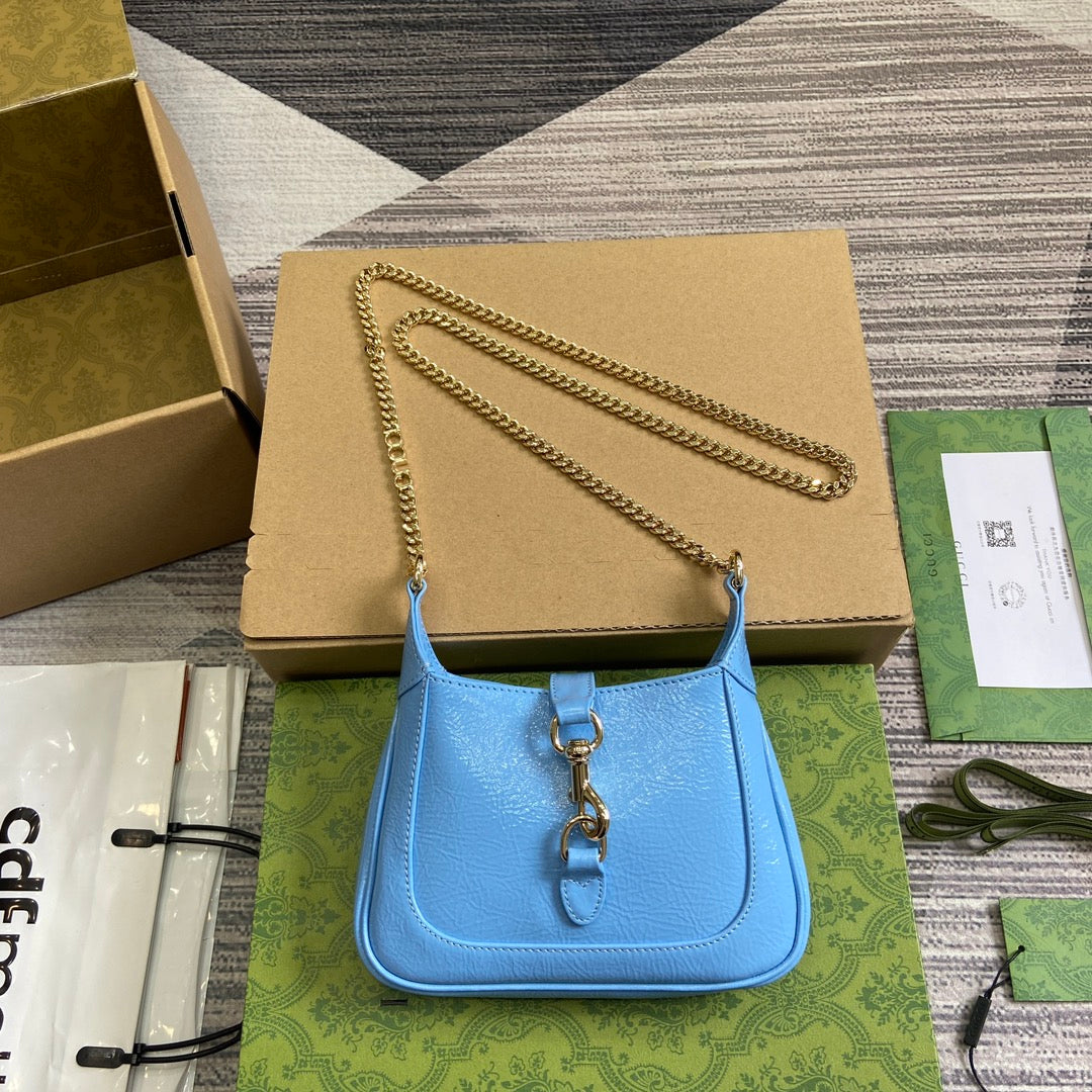 Gucci Jackie Notte Mini Bag 19 in Ocean Blue Cracked Lacquer Calfskin Gold Hardware