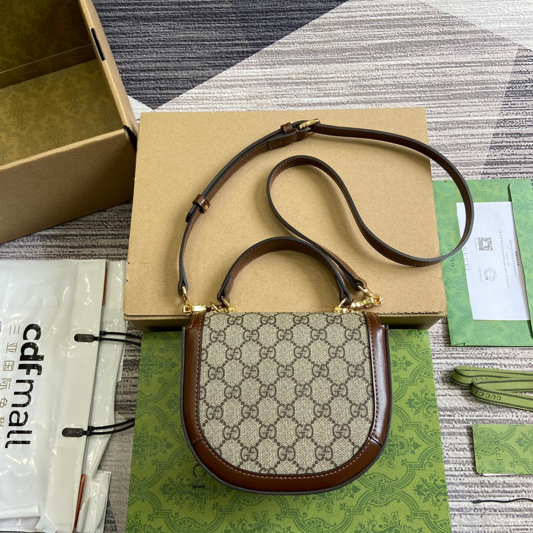 Gucci Horsebit 1955 Mini Top Handle Bag 18 in Beige Canvas and Brown Calfskin Gold Hardware