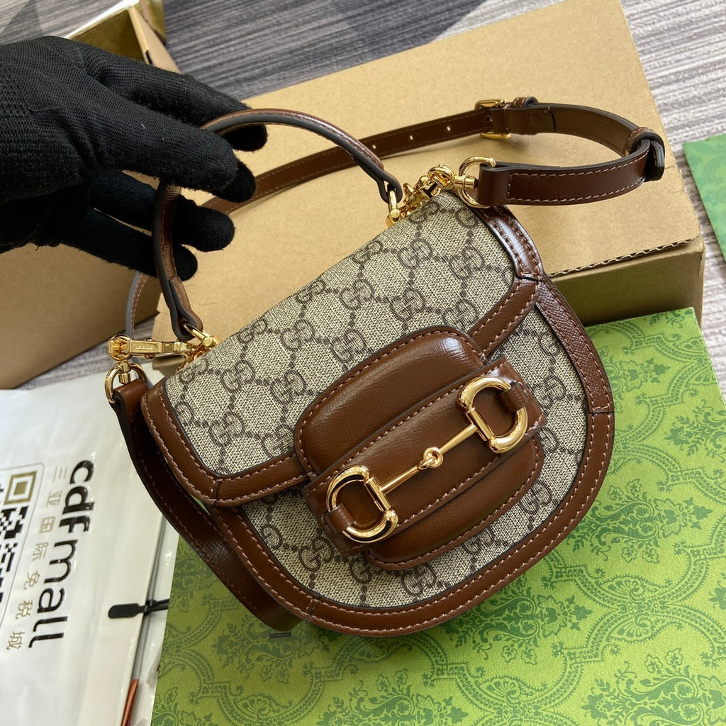 Gucci Horsebit 1955 Mini Top Handle Bag 18 in Beige Canvas and Brown Calfskin Gold Hardware