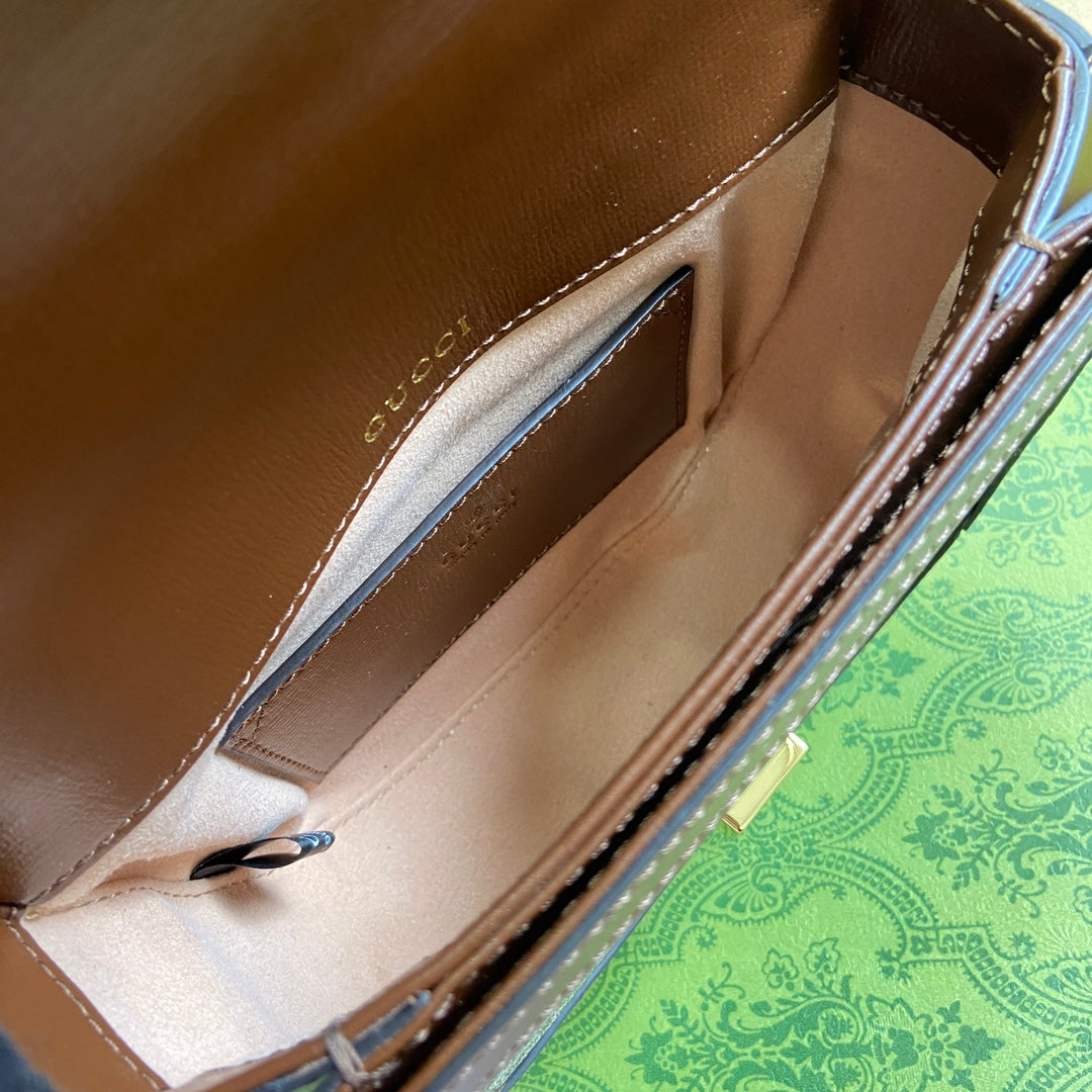 Gucci Horsebit 1955 Mini Top Handle Bag 18 in Beige Canvas and Brown Calfskin Gold Hardware