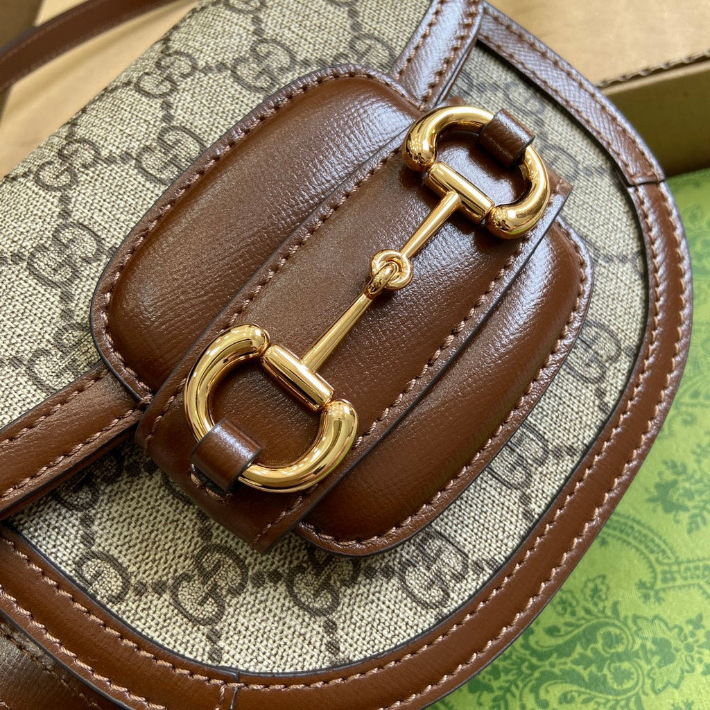 Gucci Horsebit 1955 Mini Top Handle Bag 18 in Beige Canvas and Brown Calfskin Gold Hardware
