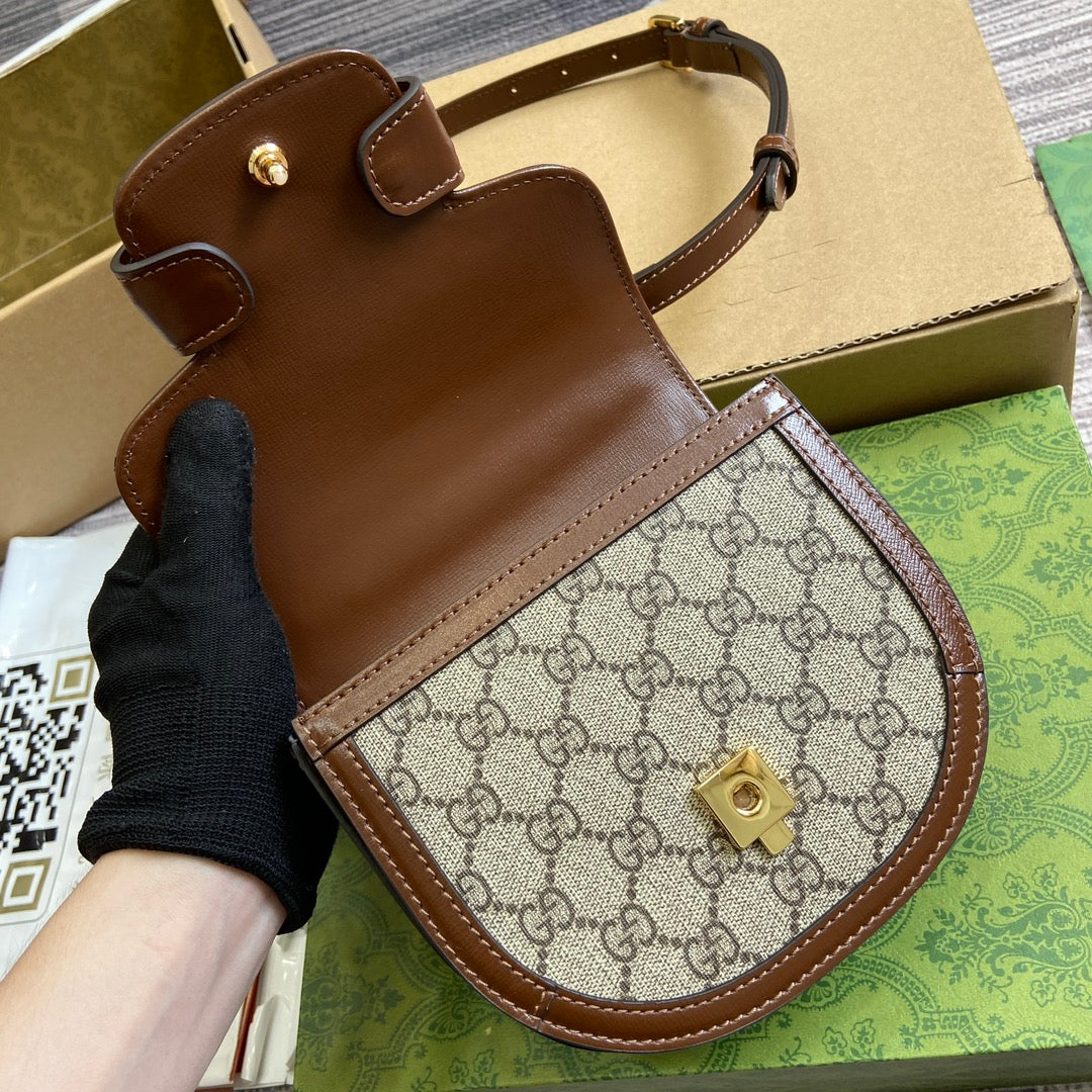 Gucci Horsebit 1955 Mini Top Handle Bag 18 in Beige Canvas and Brown Calfskin Gold Hardware