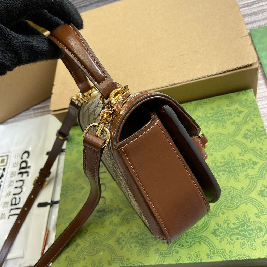 Gucci Horsebit 1955 Mini Top Handle Bag 18 in Beige Canvas and Brown Calfskin Gold Hardware