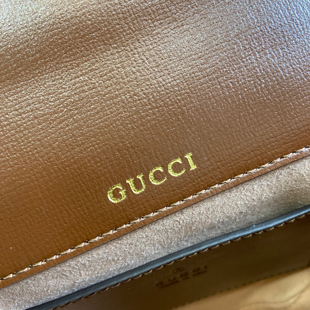 Gucci Horsebit 1955 Mini Top Handle Bag 18 in Beige Canvas and Brown Calfskin Gold Hardware