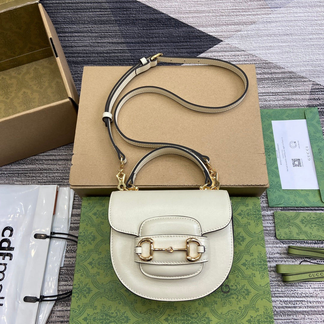 Gucci Horsebit 1955 Mini Top Handle Bag 18 in White Calfskin Gold Hardware
