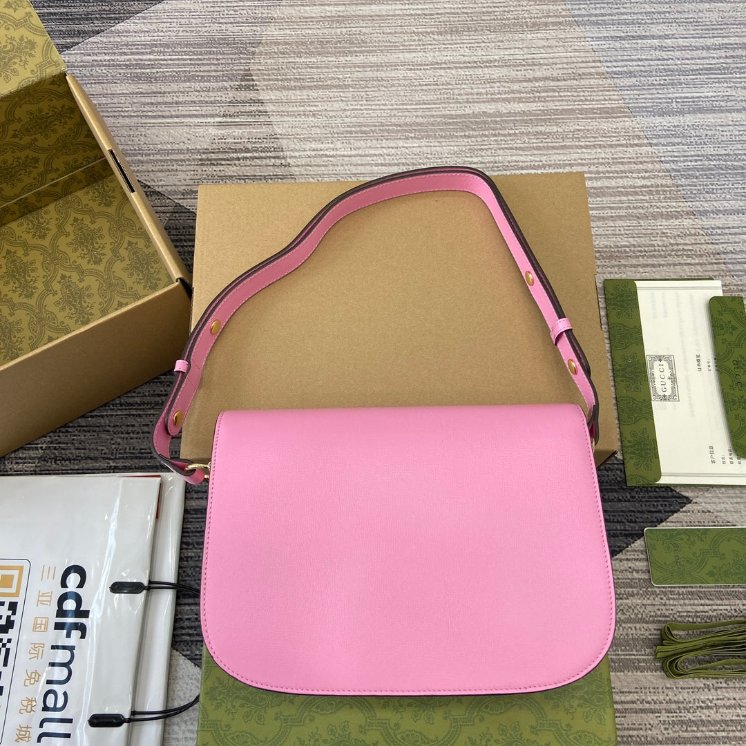 Gucci Horsebit 1955 Shoulder Bag 25 in Pink Lambskin Gold Hardware