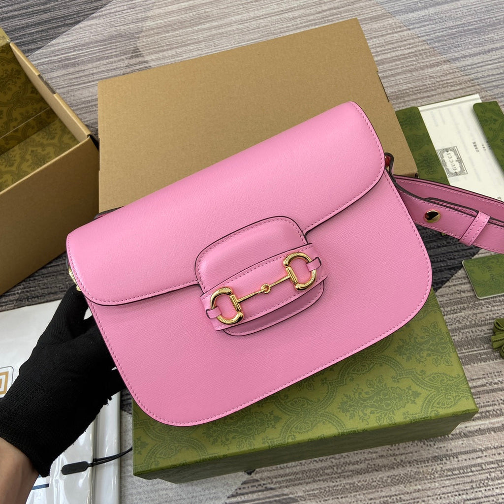 Gucci Horsebit 1955 Shoulder Bag 25 in Pink Lambskin Gold Hardware