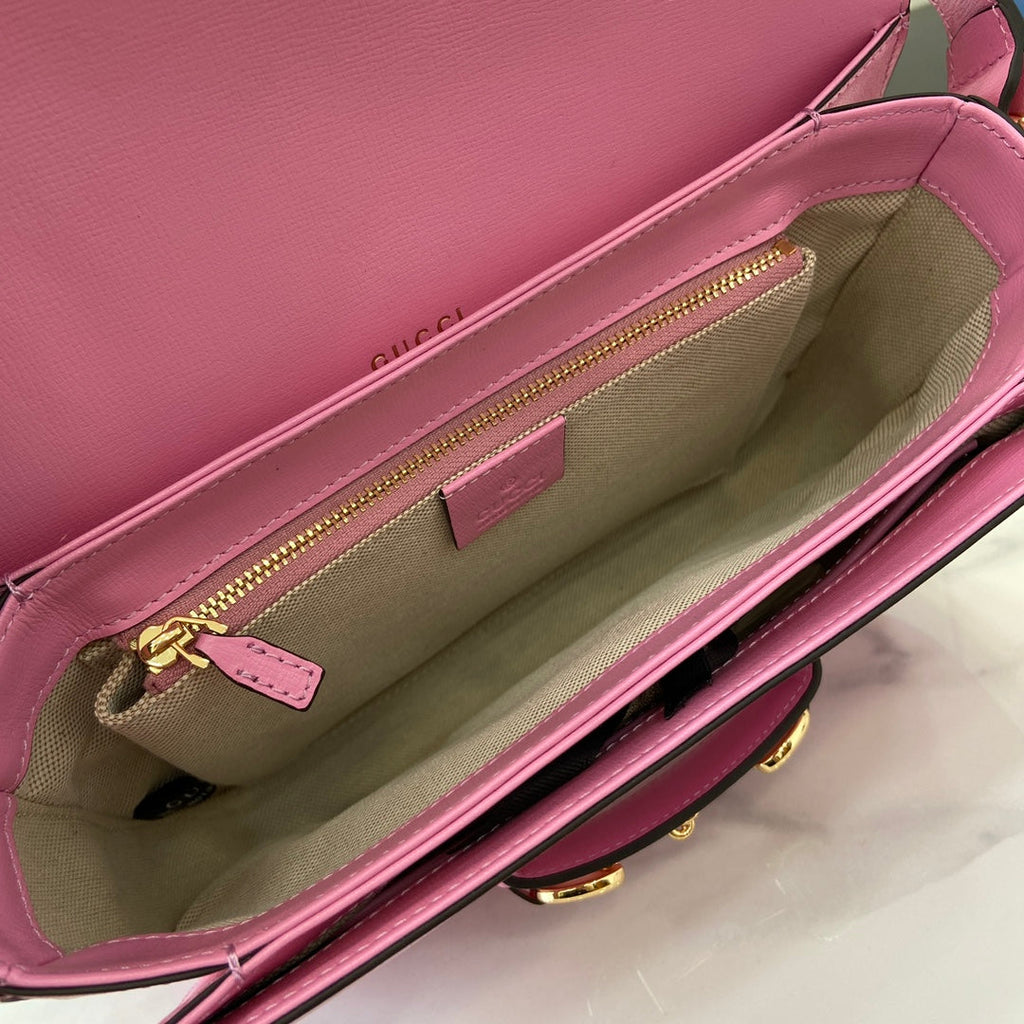 Gucci Horsebit 1955 Shoulder Bag 25 in Pink Lambskin Gold Hardware