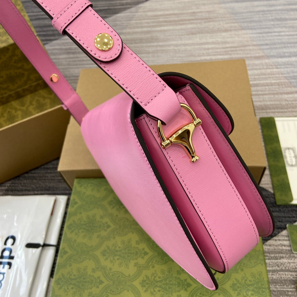 Gucci Horsebit 1955 Shoulder Bag 25 in Pink Lambskin Gold Hardware