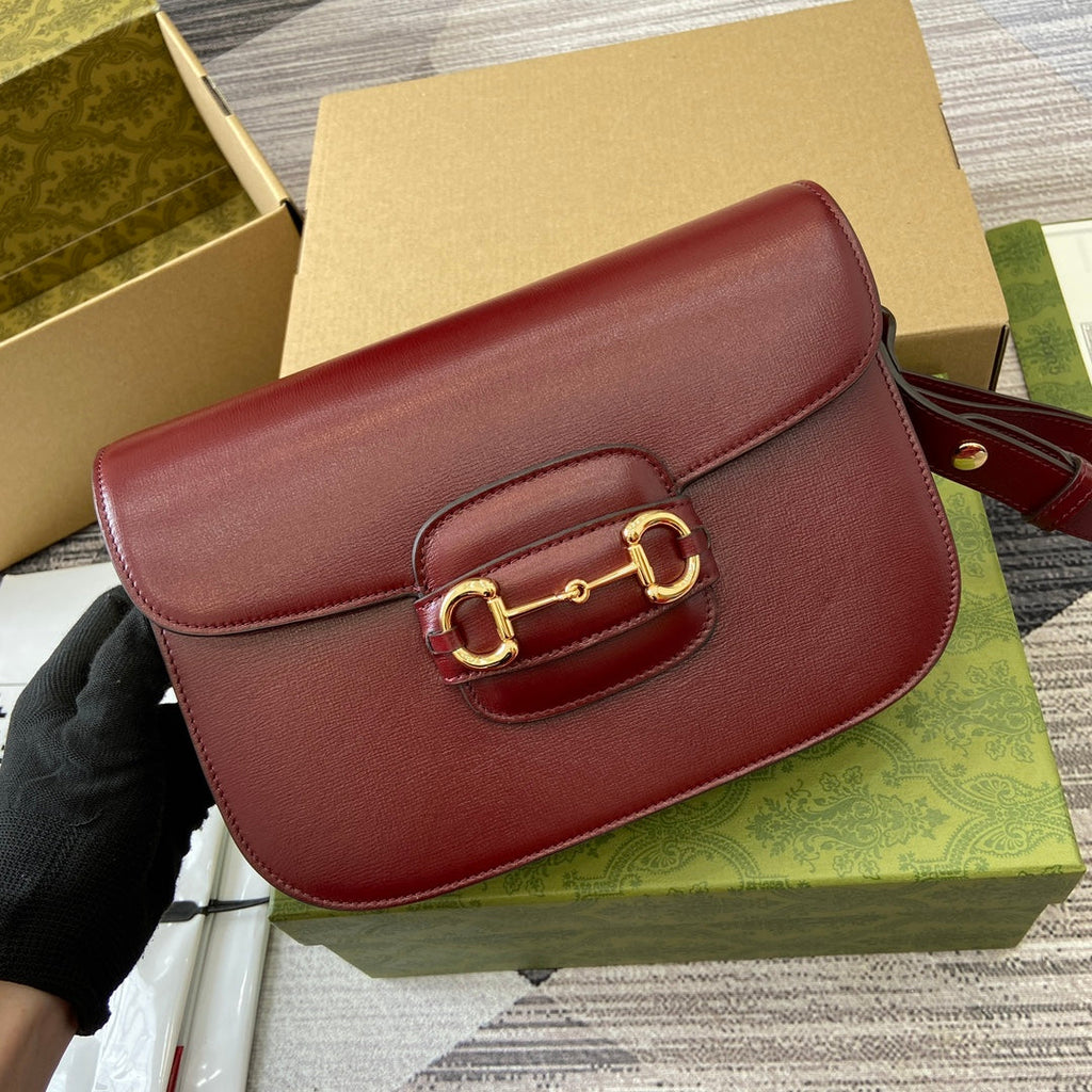 Gucci Horsebit 1955 Shoulder Bag 25 in Wine Red Lambskin Gold Hardware