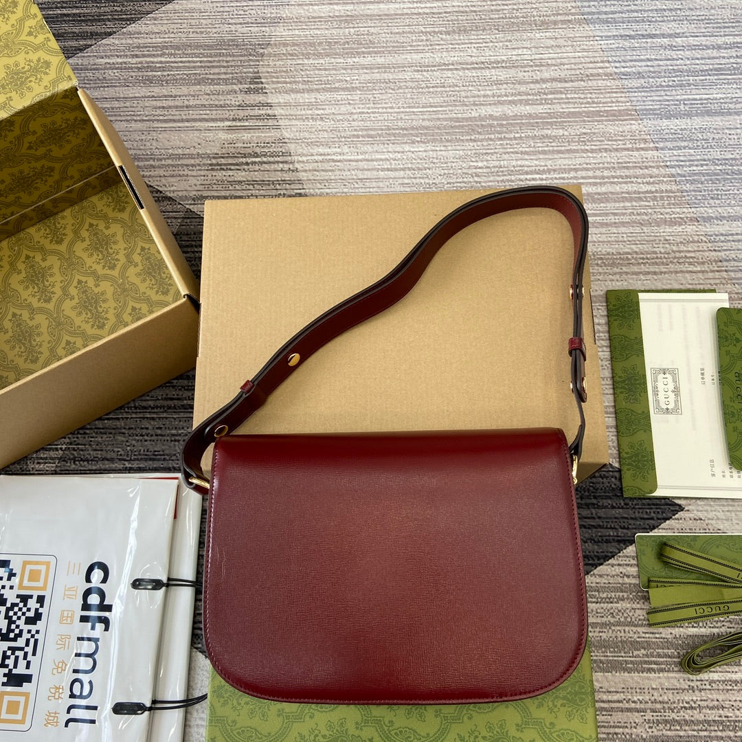 Gucci Horsebit 1955 Shoulder Bag 25 in Wine Red Lambskin Gold Hardware