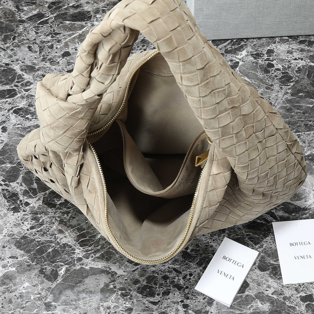 Bottega Veneta 25S Small Jodie 48 in Muted Taupe Suede Gold Hardware Bag