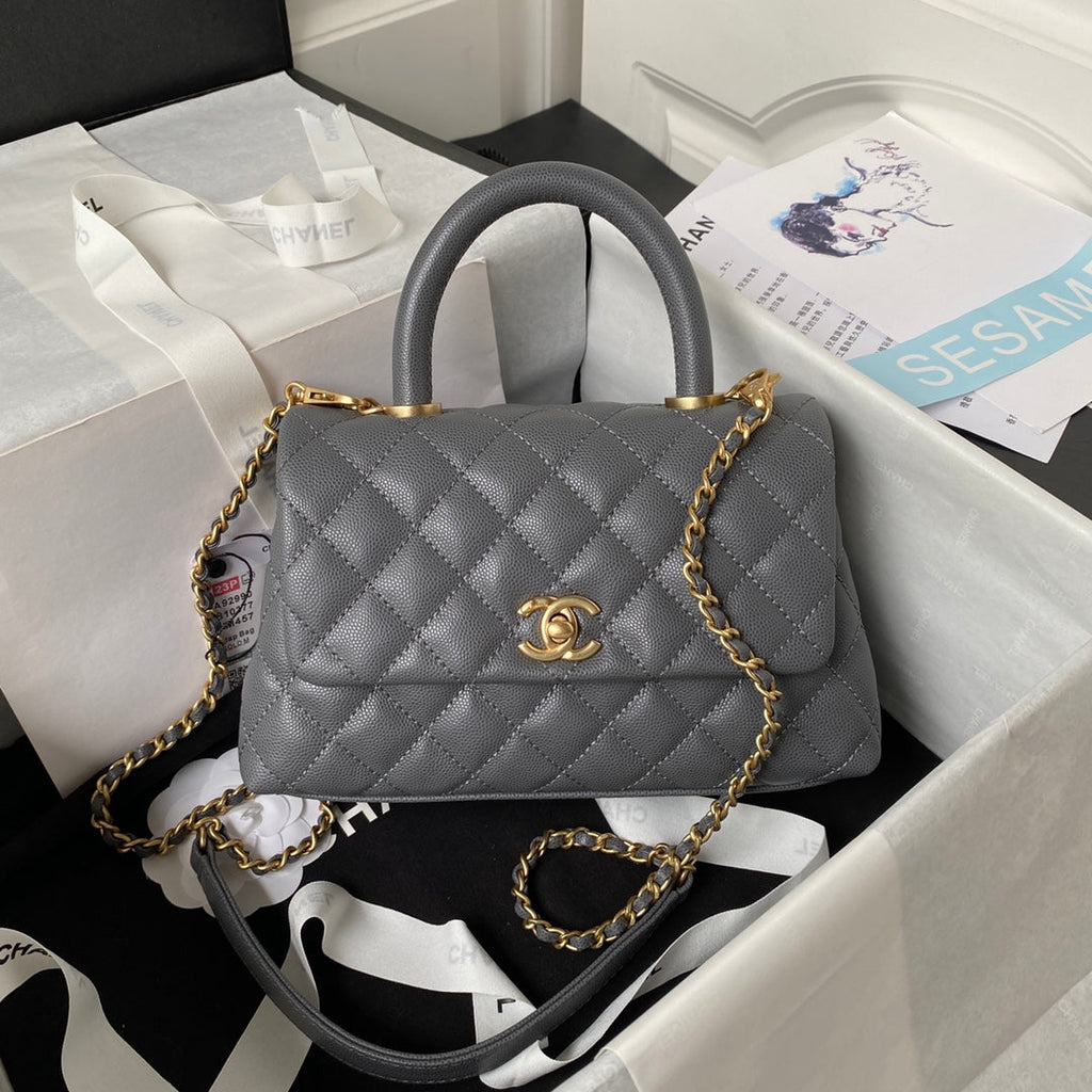 Chanel 25S Coco Handle Bag 23 in Dark Grey Caviar with Gold Hardware