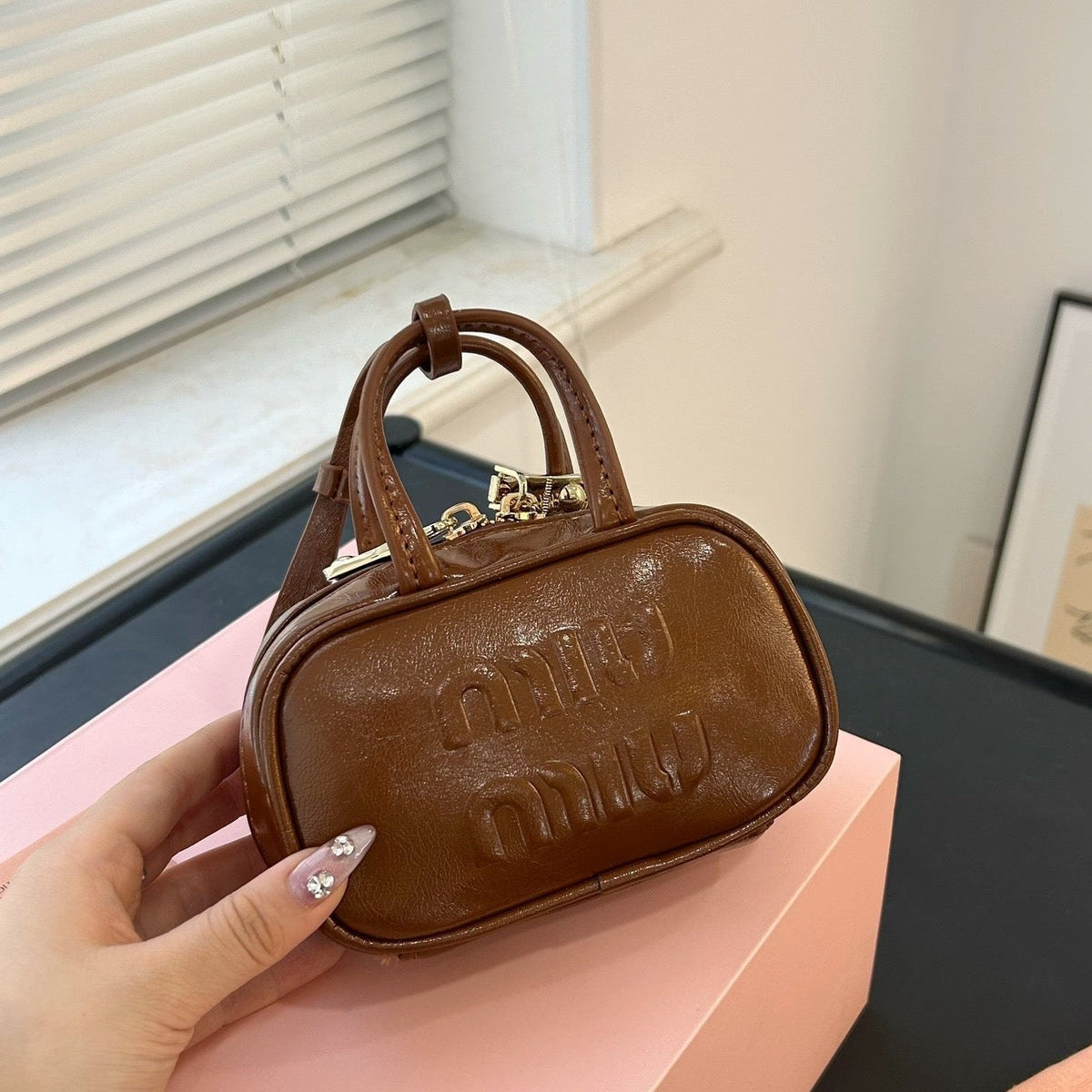 Beau Mini Top Handle Bag 14 in Pecan Brown Calfskin