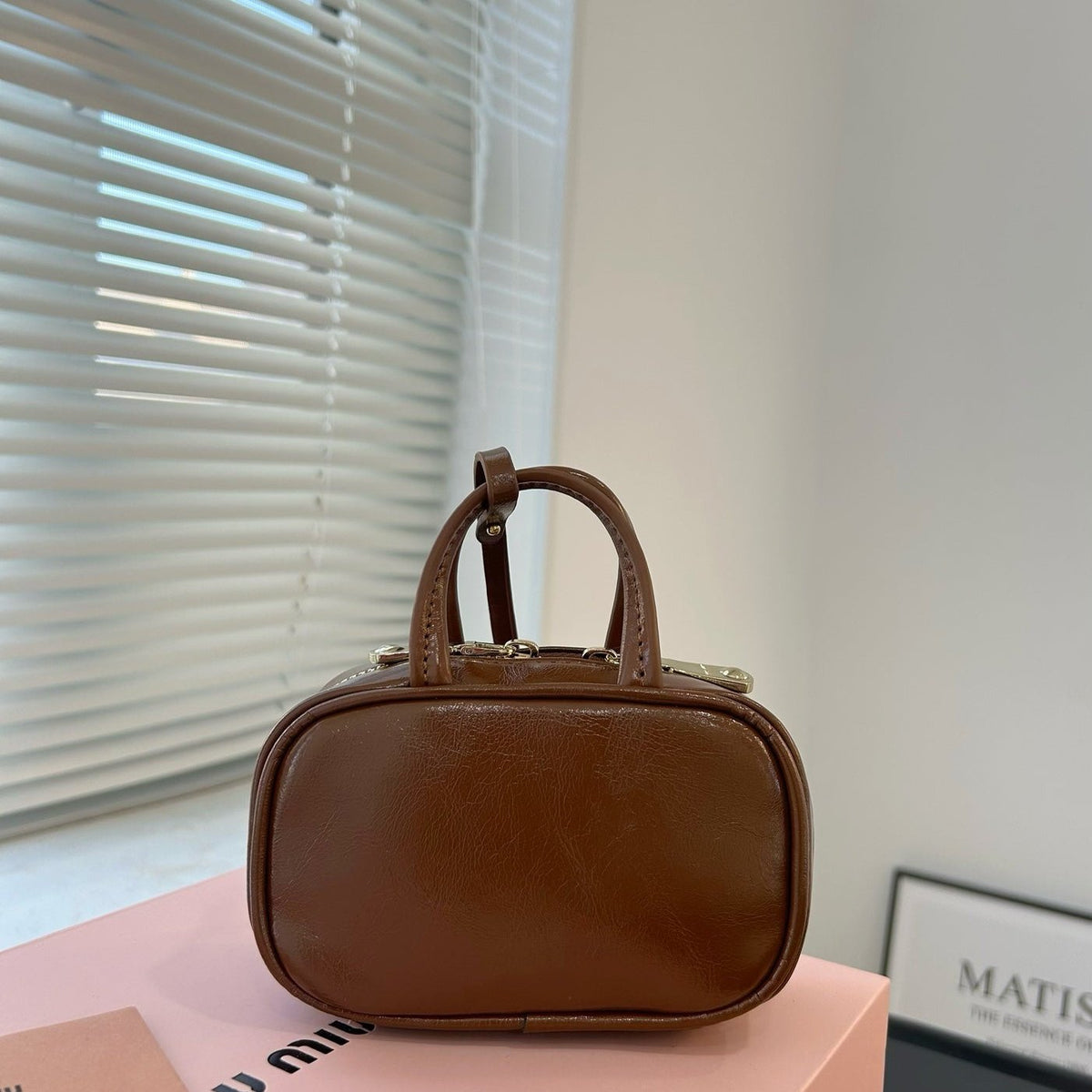 Beau Mini Top Handle Bag 14 in Pecan Brown Calfskin