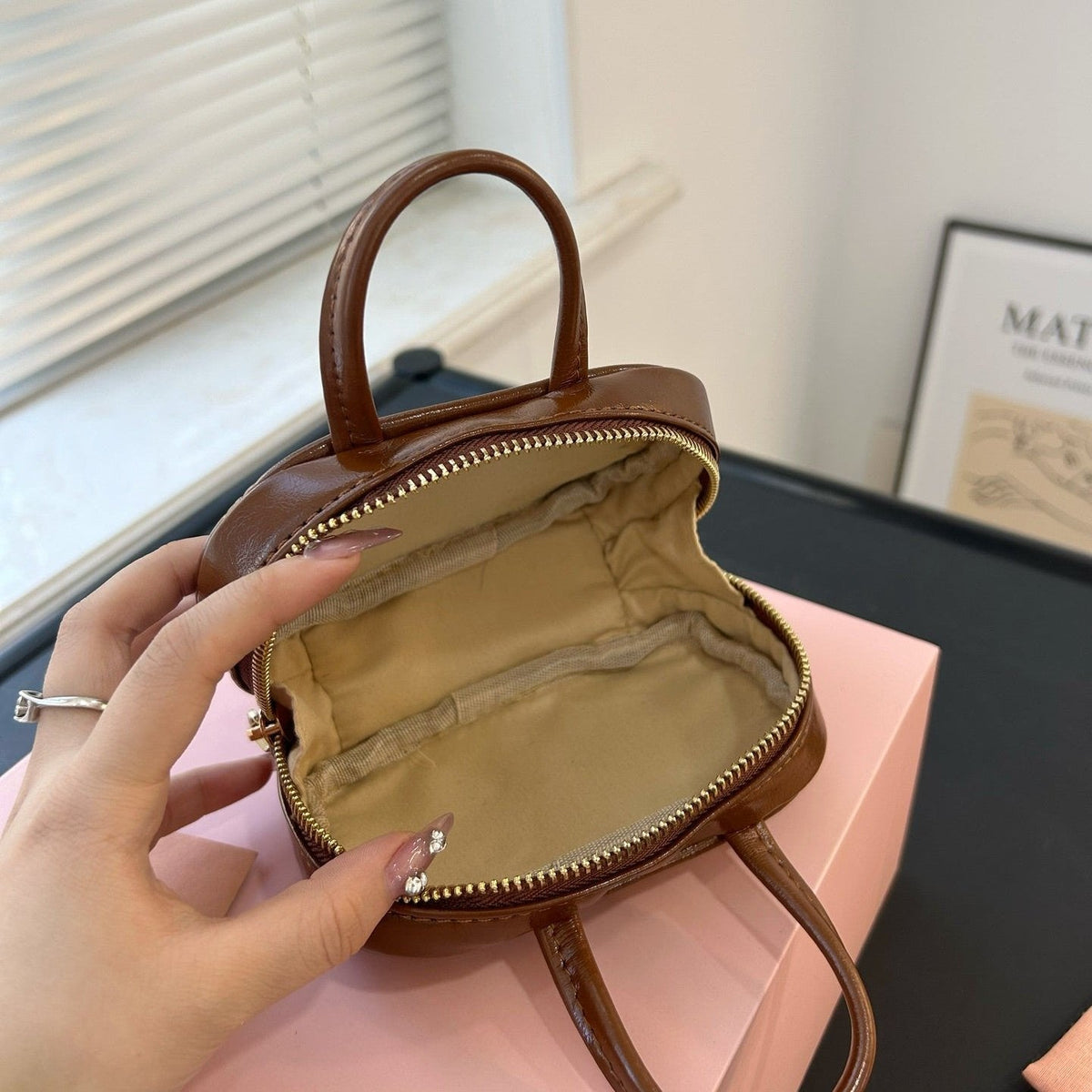 Beau Mini Top Handle Bag 14 in Pecan Brown Calfskin