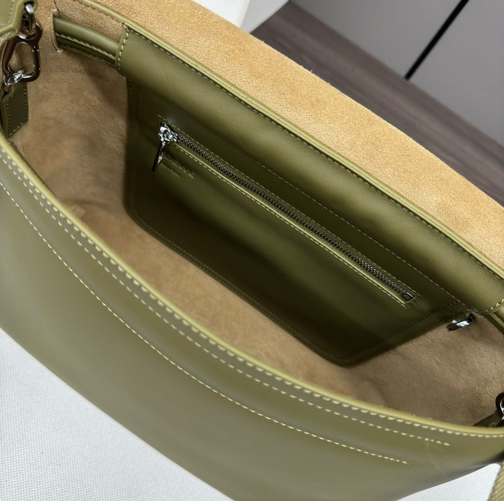 Flamenco Satchel 34 in Army Green Shiny Supple Calfskin