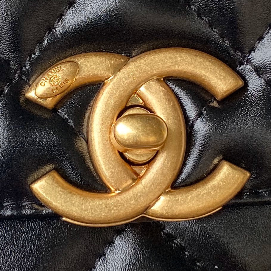 Chanel Flap Bag 22 in Black Calfskin with Double Gold Ball