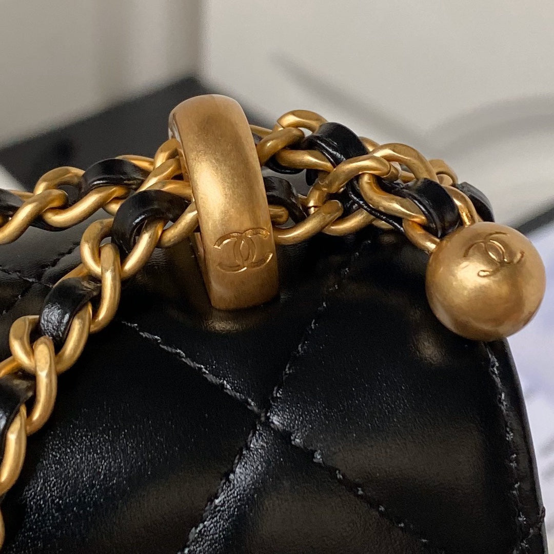 Chanel Flap Bag 22 in Black Calfskin with Double Gold Ball