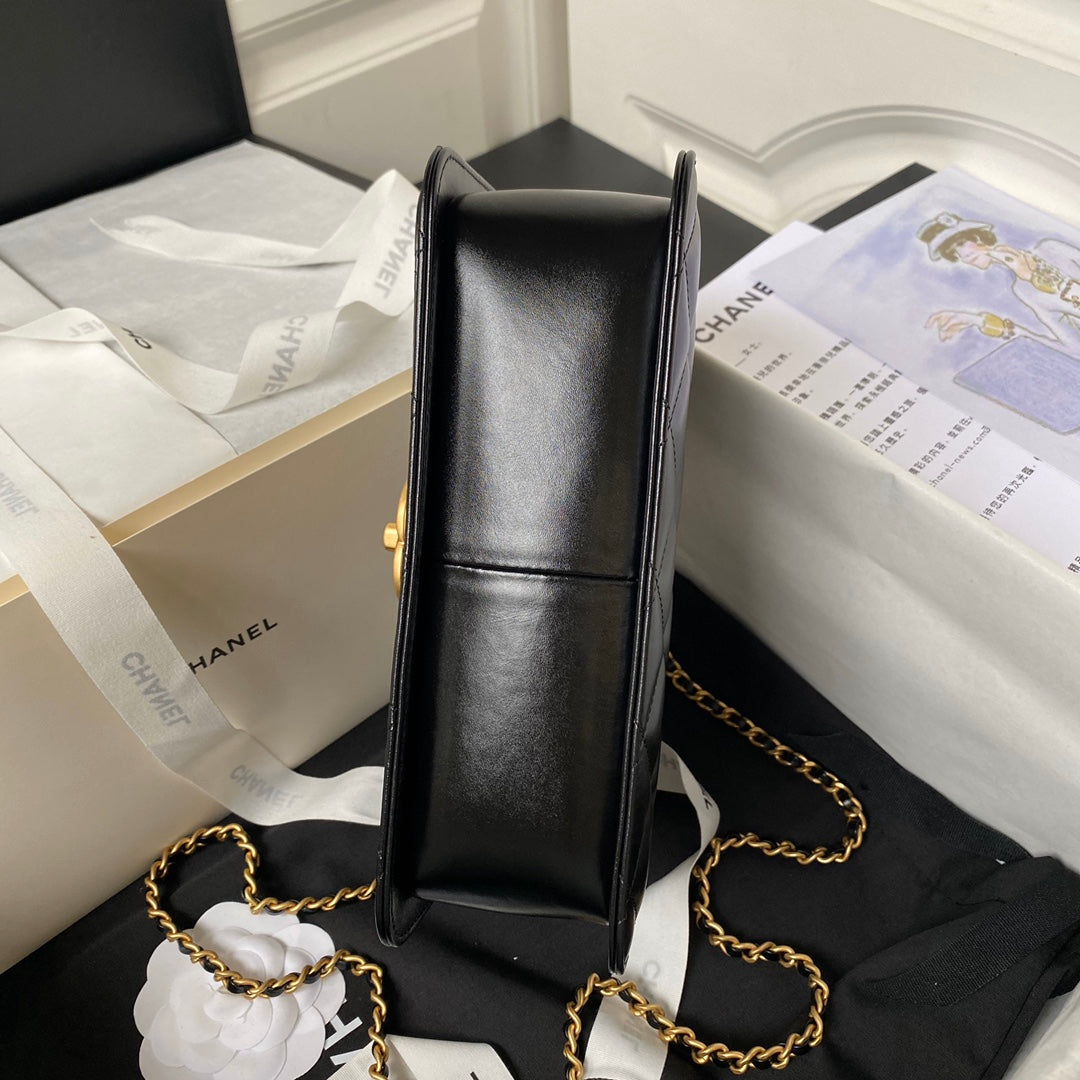 Chanel Flap Bag 22 in Black Calfskin with Double Gold Ball