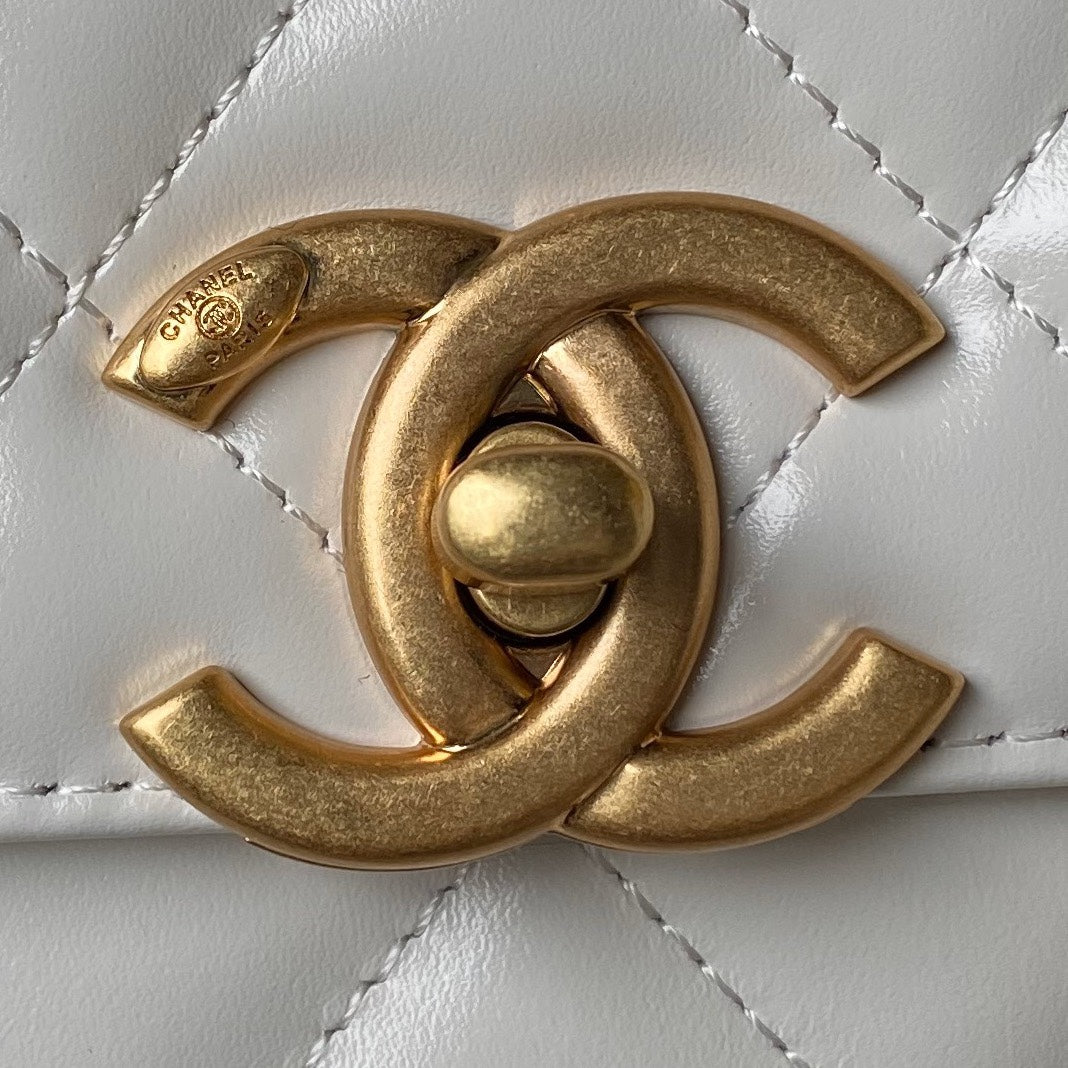 Chanel Flap Bag 22 in White Calfskin with Double Gold Ball