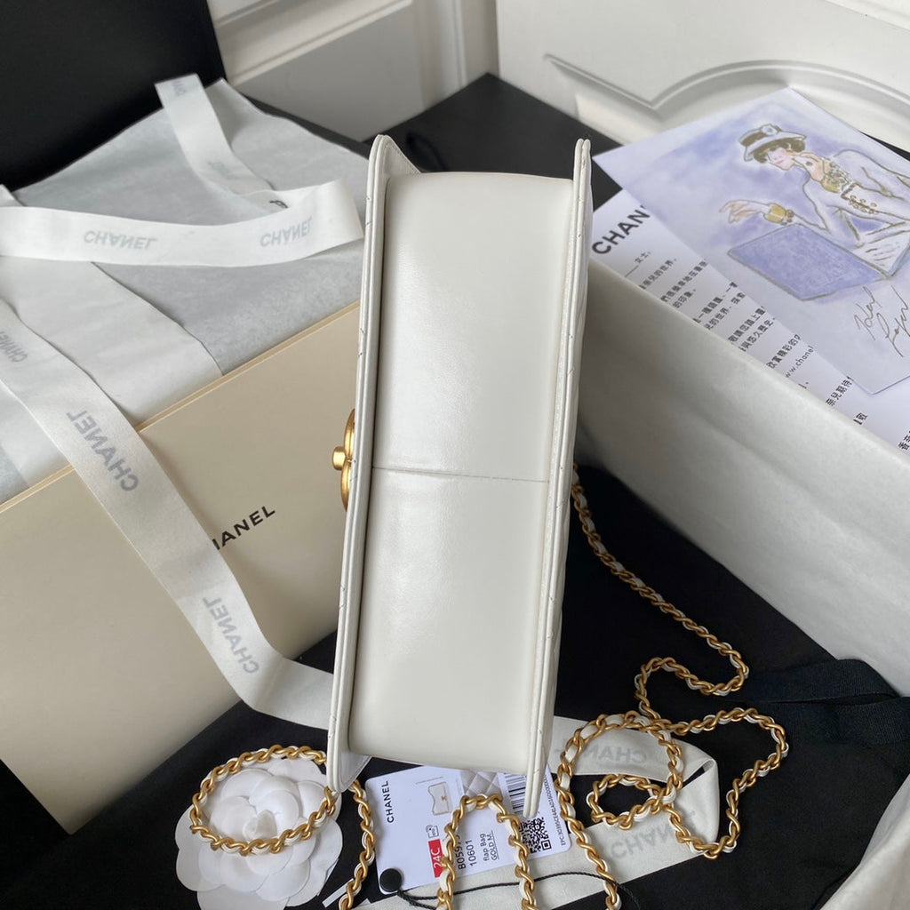Chanel Flap Bag 22 in White Calfskin with Double Gold Ball