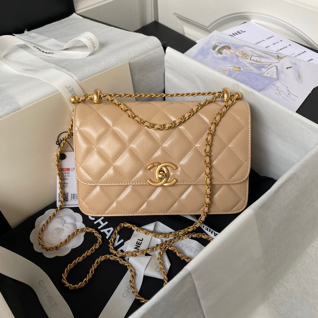 Chanel 25S Mini Flap Bag 22 in Tan Brown Calfskin Gold Hardware