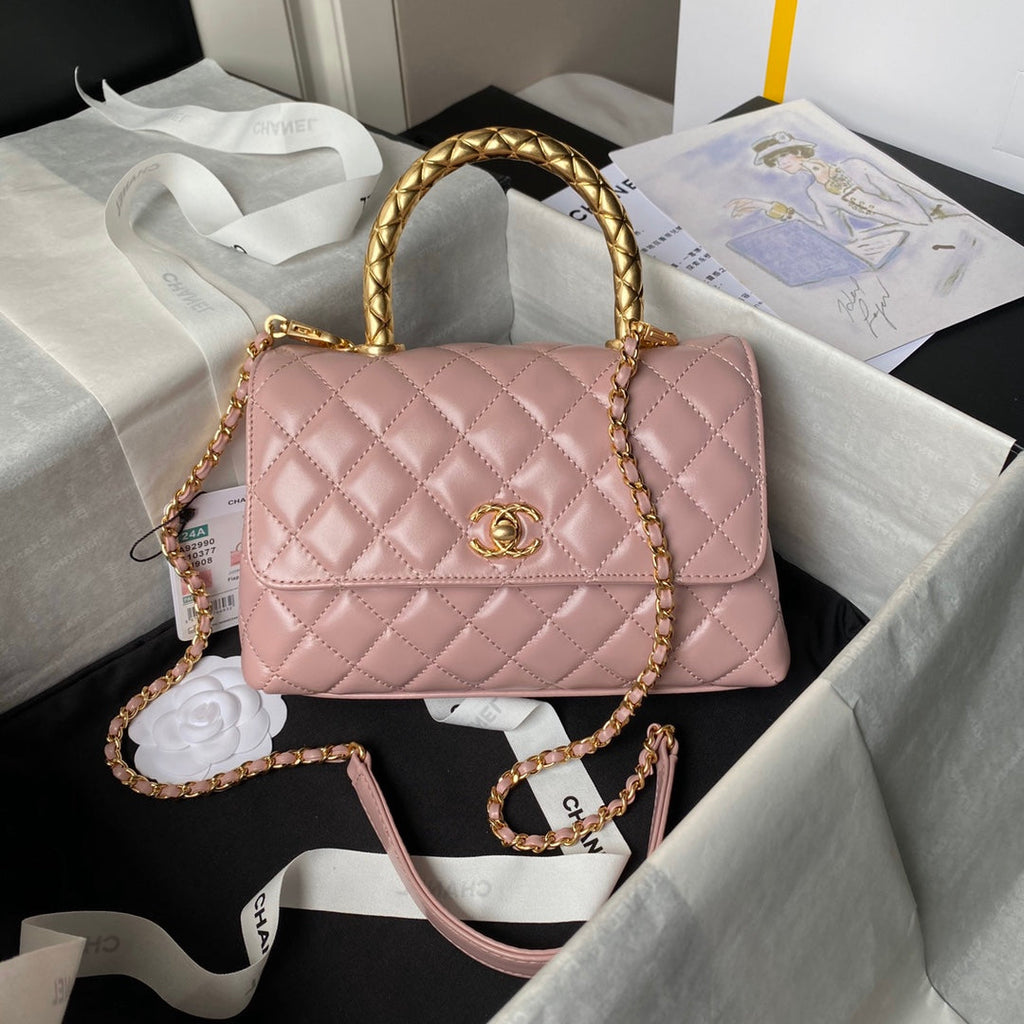 Chanel 25S Classic Coco Handle Bag 23 cm in Light Pink Lambskin with Gold Hardware