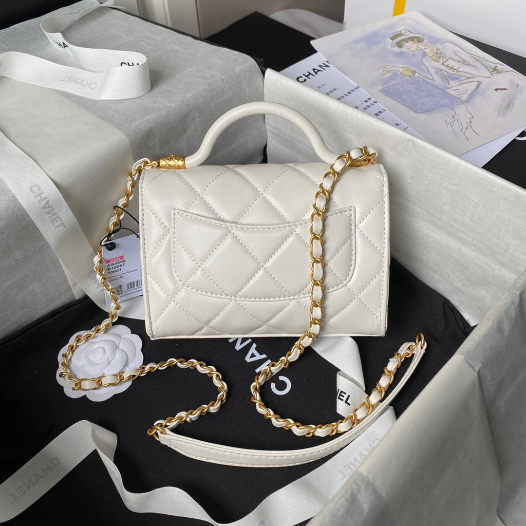 Chanel 25S Flap Bag 18 cm in White Lambskin with Top Handle