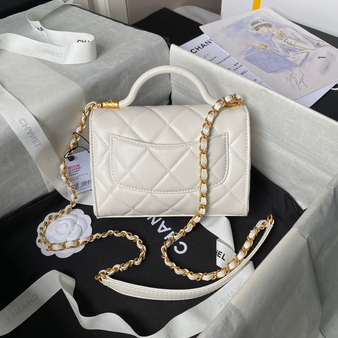 Chanel 25S Flap Bag 18 cm in White Lambskin with Top Handle