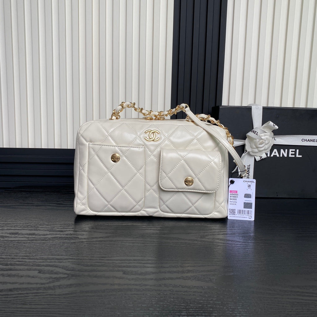 Chanel Bowling Bag 29 in Off-White Calfskin Gold Hardware