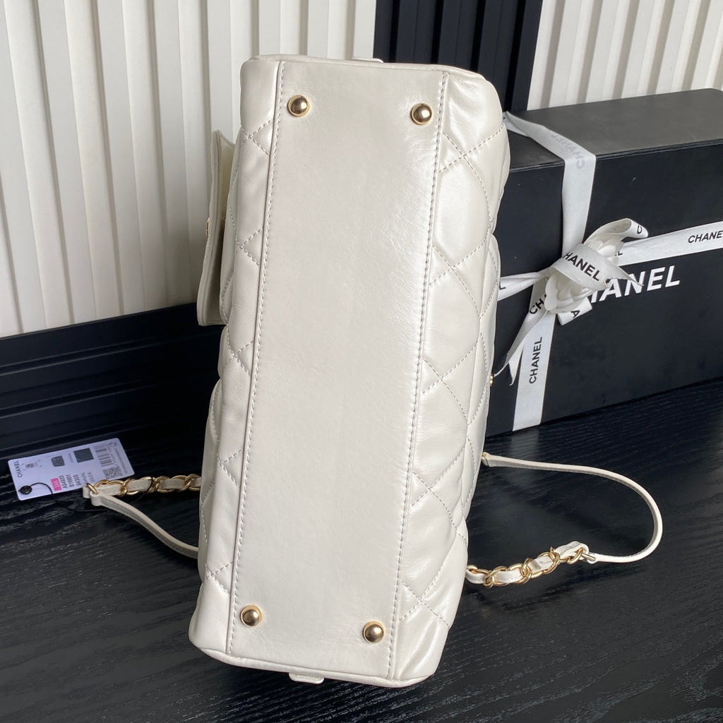 Chanel Bowling Bag 29 in Off-White Calfskin Gold Hardware