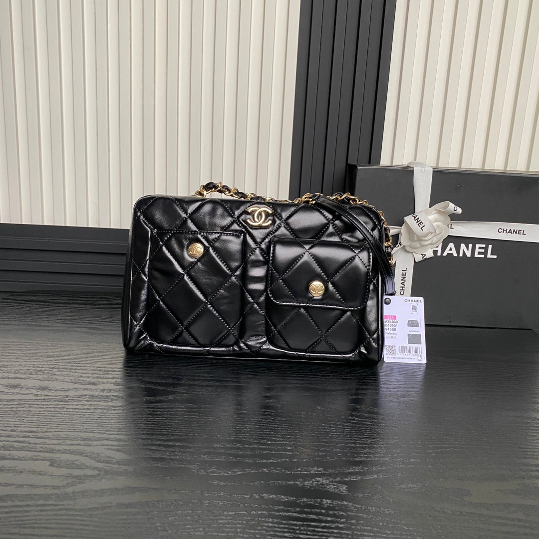 Chanel Bowling Bag 29 in Black Shiny Calfskin Gold Hardware