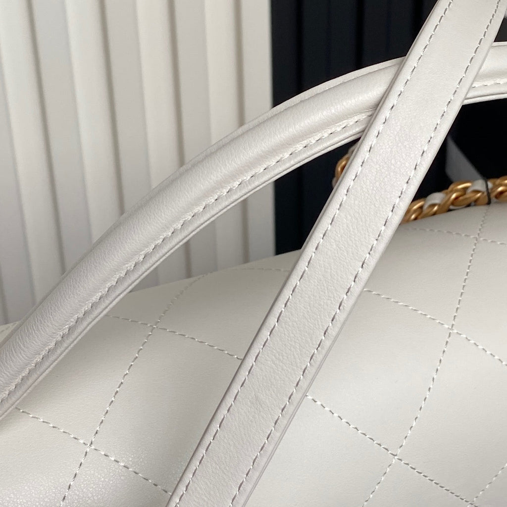 Chanel 25S Top Handle Shoulder Bag 37 in Cream White Calfskin with Gold Hardware