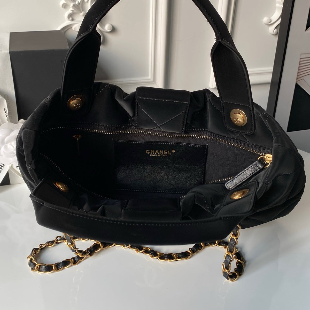 Chanel 25S Bow Bag 38 in Black Velvet with Gold Hardware