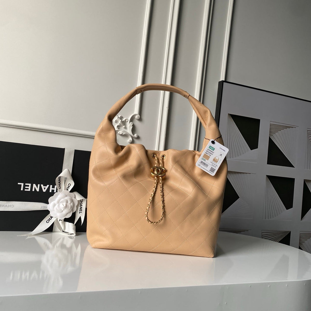 Chanel 25S Hobo Bag 45 in Warm Sand Beige Lambskin