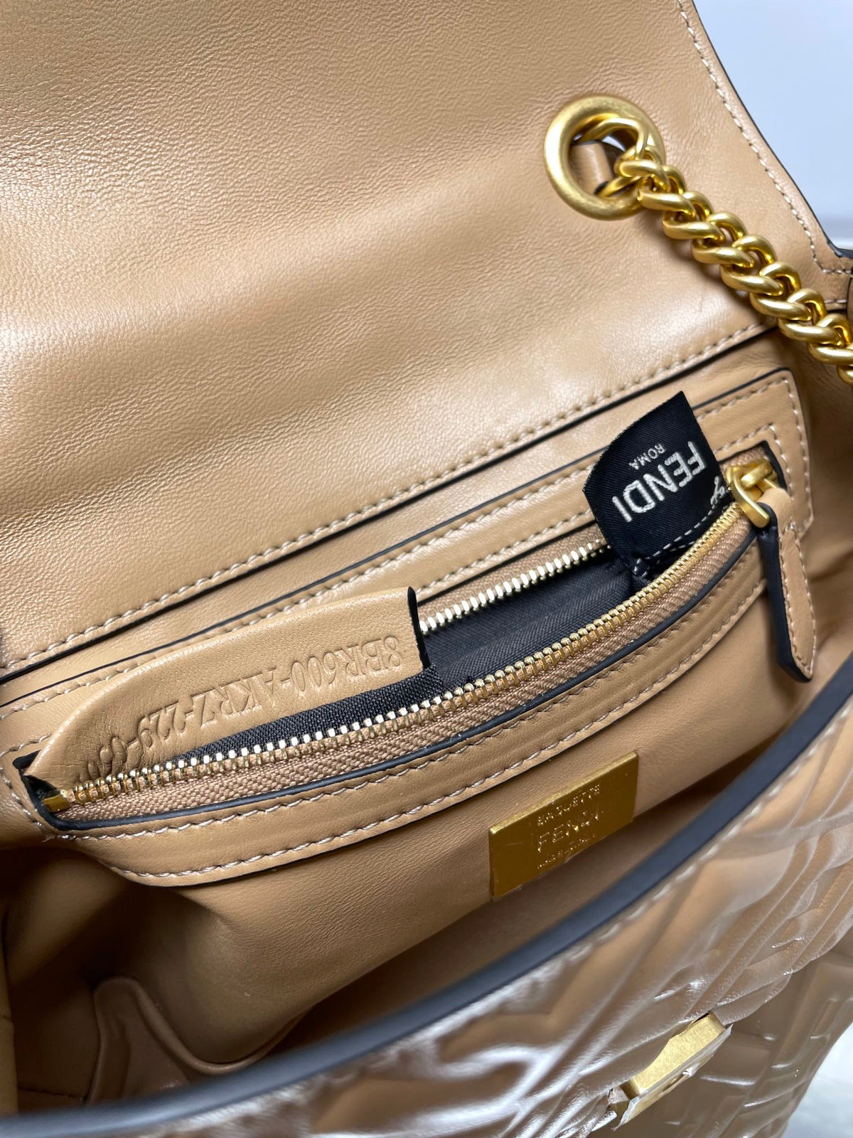 Fend Baguette 24 Bag with Ff Motif Beige Leather Ghw