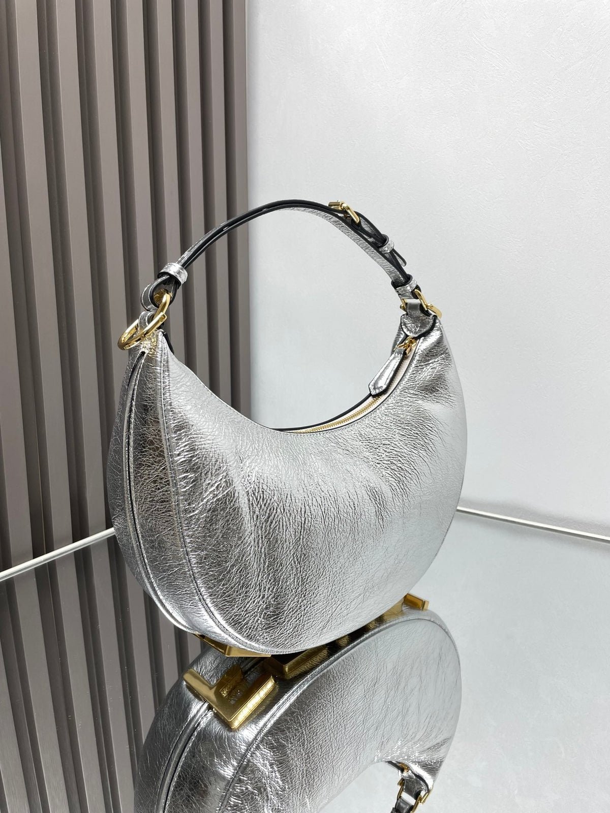 Fendi Fendigraphy Medium 29 in Silver Metallic Smooth Lambskin Gold Hardware Bag