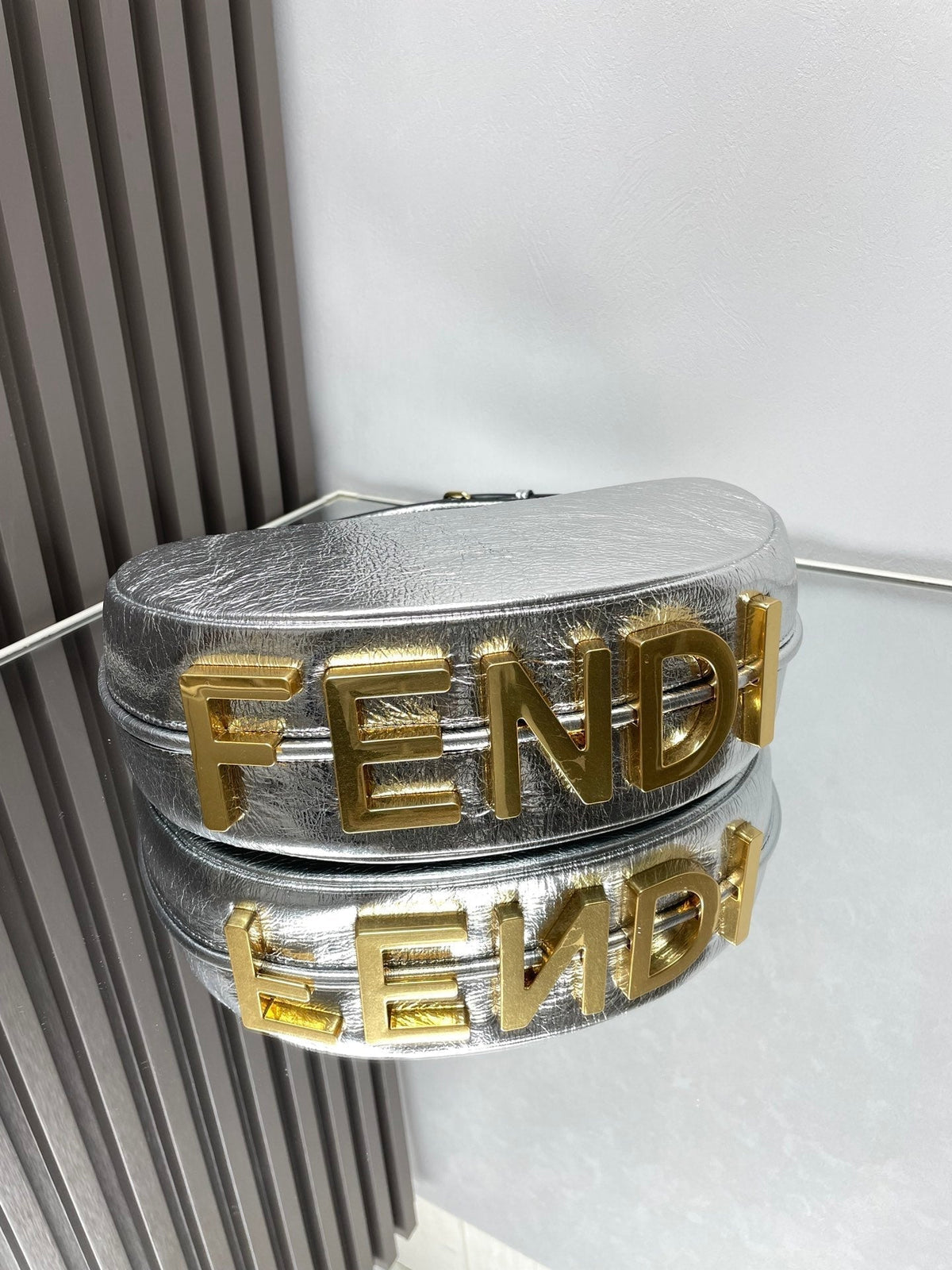 Fendi Fendigraphy Medium 29 in Silver Metallic Smooth Lambskin Gold Hardware Bag