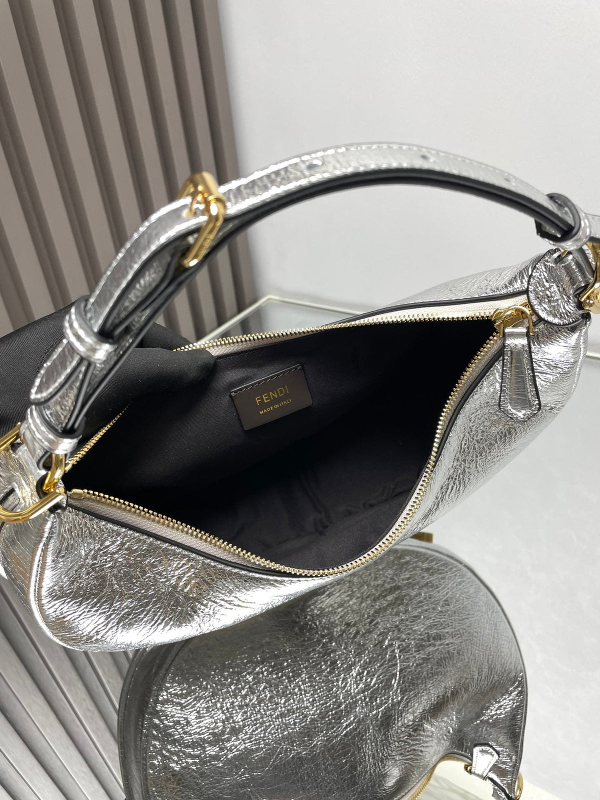 Fendi Fendigraphy Medium 29 in Silver Metallic Smooth Lambskin Gold Hardware Bag