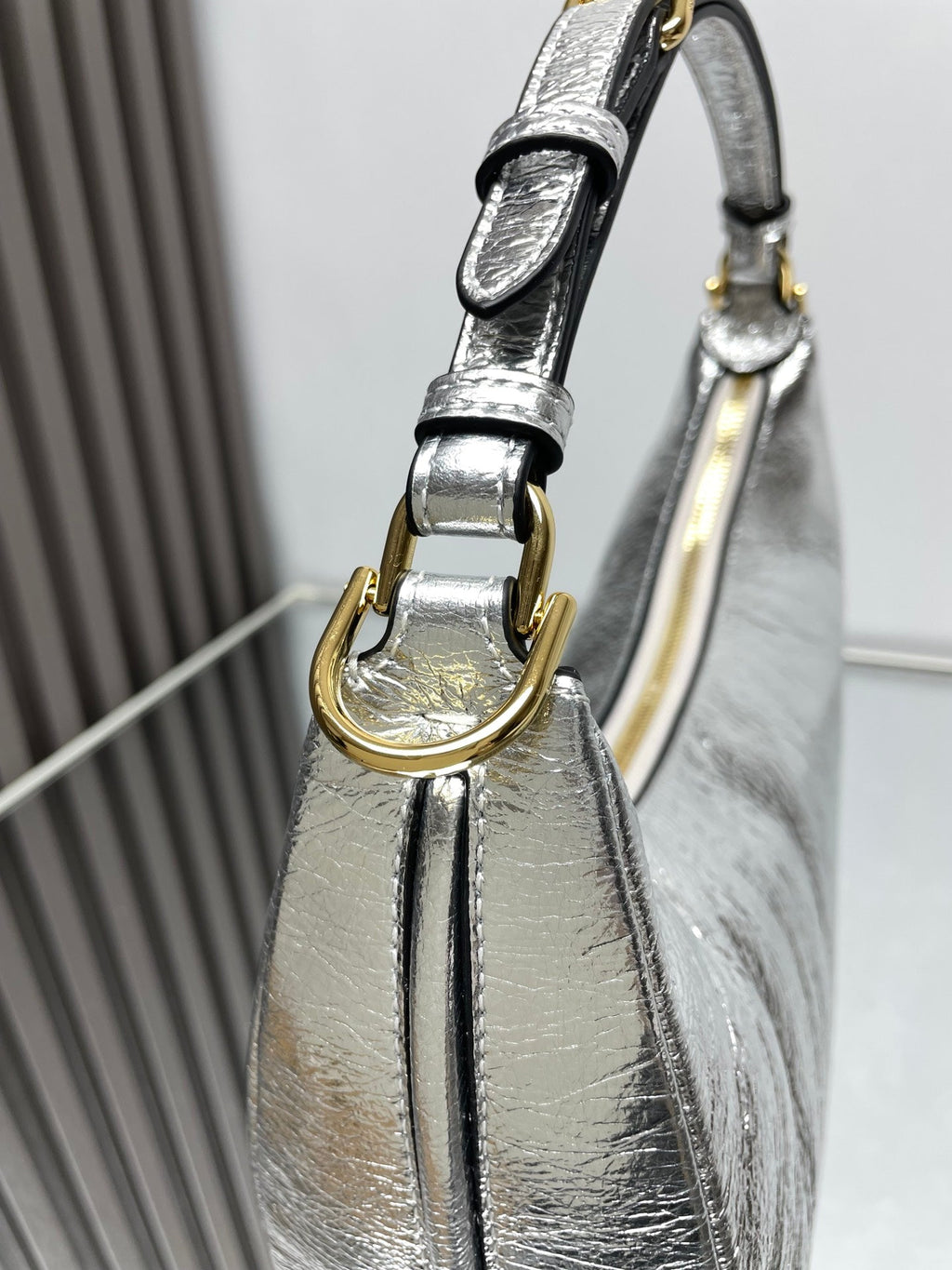 Fendi Fendigraphy Medium 29 in Silver Metallic Smooth Lambskin Gold Hardware Bag