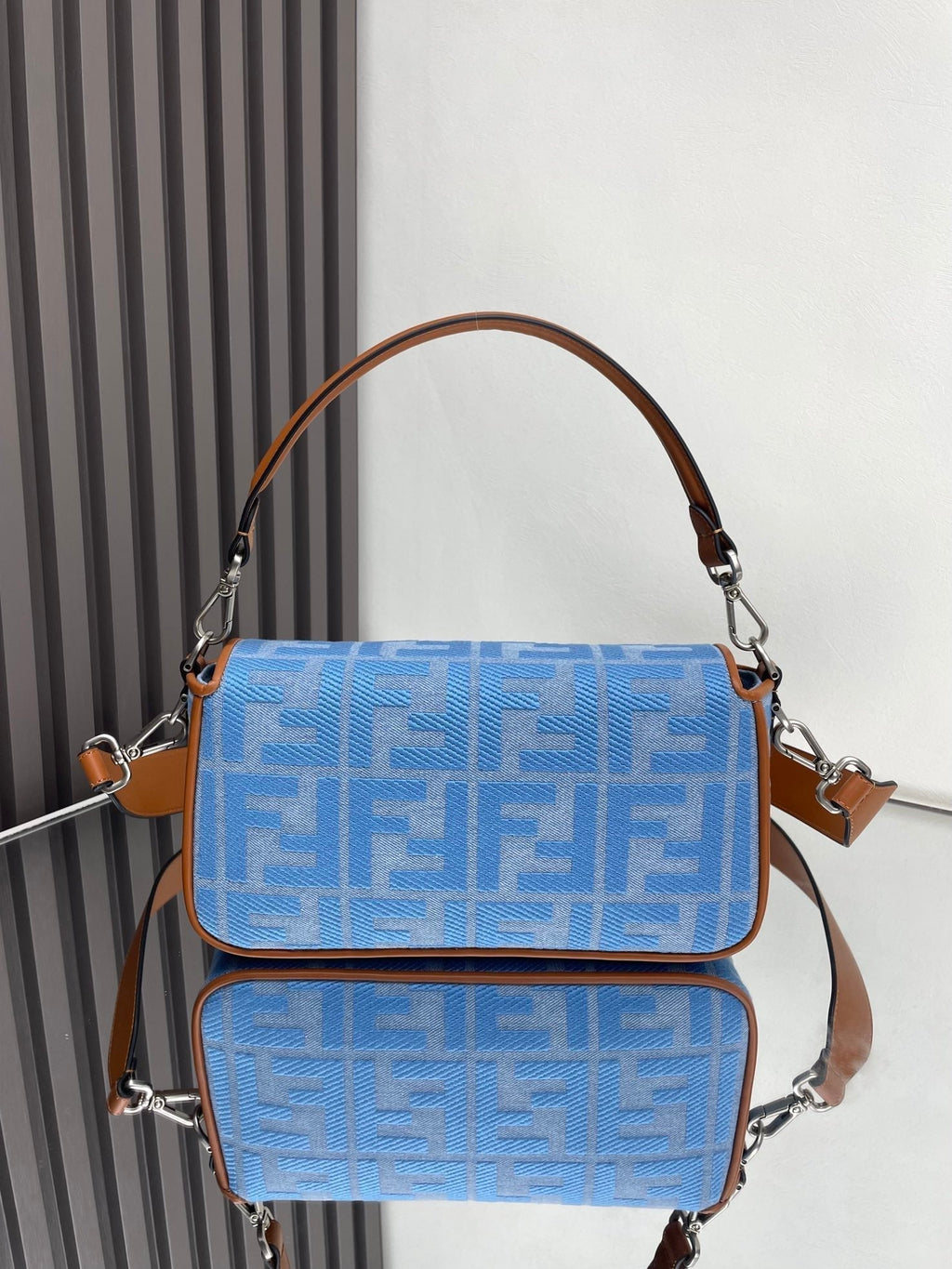 Fend Baguette Blue Brown Canvas Bag 27 with Ff Embroidery Ghw