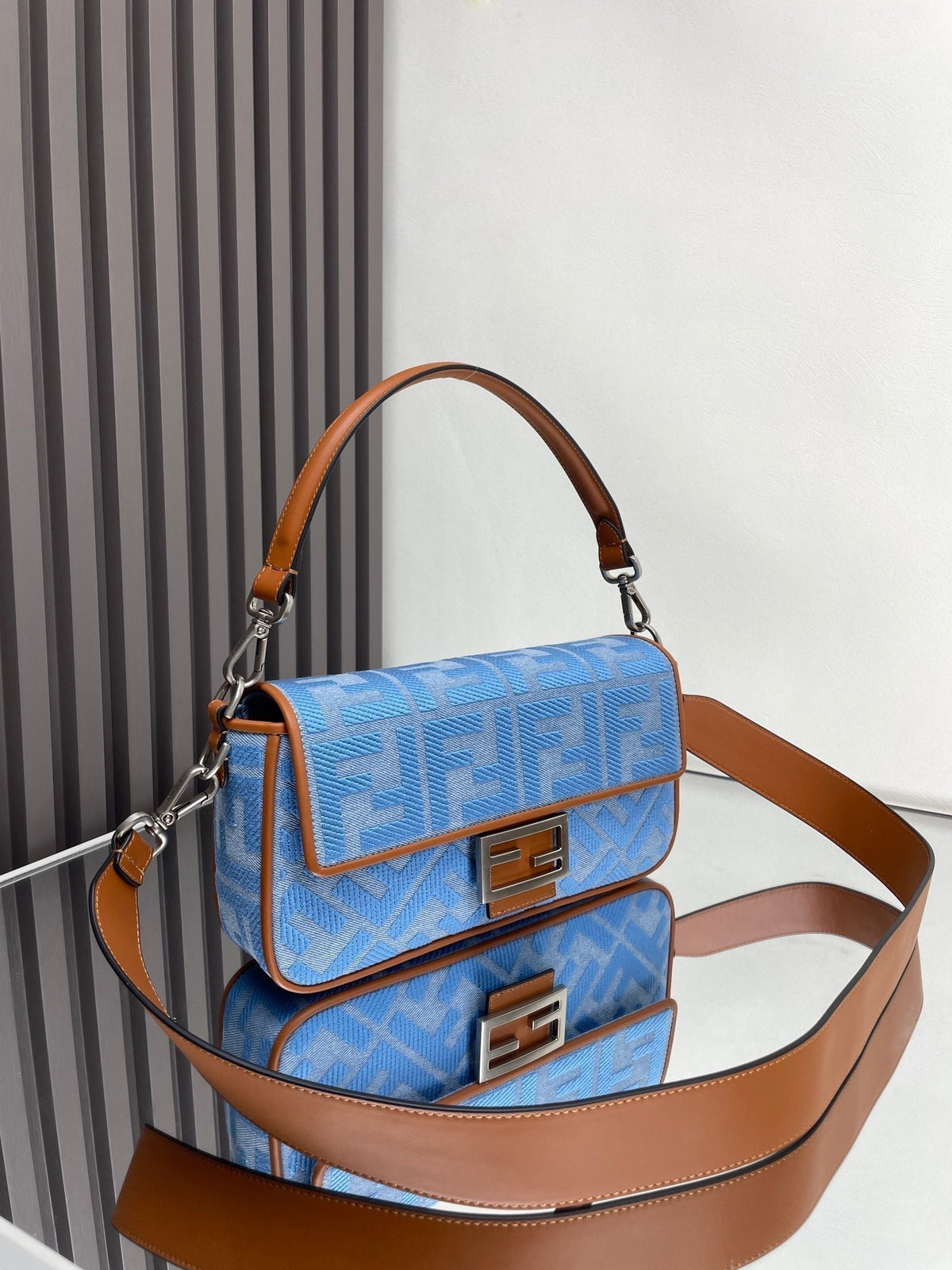 Fend Baguette Blue Brown Canvas Bag 27 with Ff Embroidery Ghw