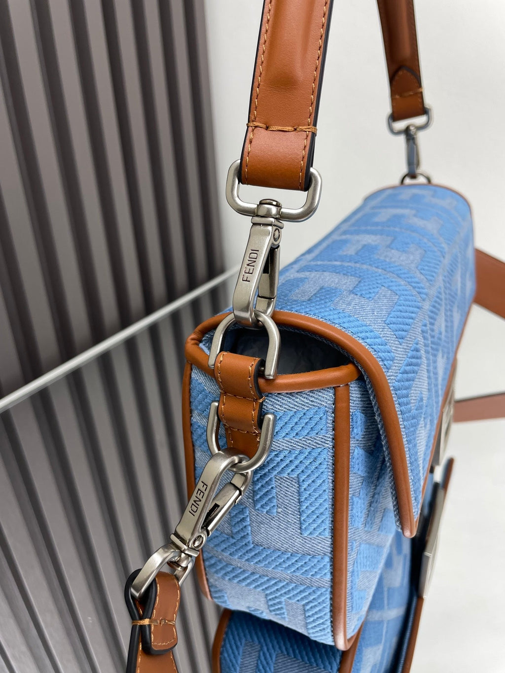 Fend Baguette Blue Brown Canvas Bag 27 with Ff Embroidery Ghw