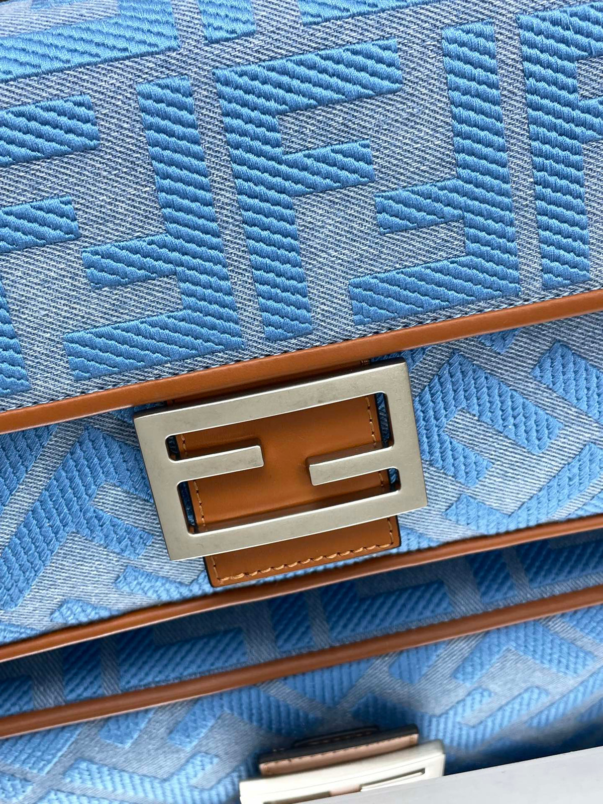 Fend Baguette Blue Brown Canvas Bag 27 with Ff Embroidery Ghw