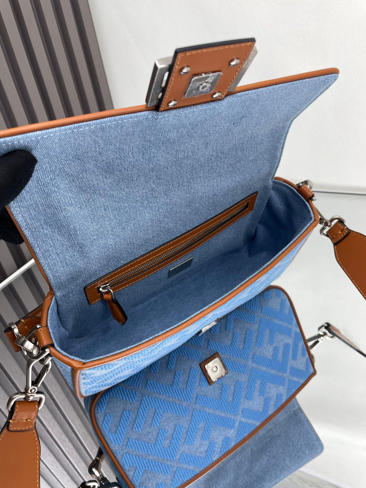 Fend Baguette Blue Brown Canvas Bag 27 with Ff Embroidery Ghw