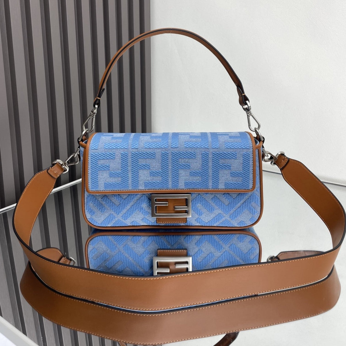 Fend Baguette Blue Brown Canvas Bag 27 with Ff Embroidery Ghw