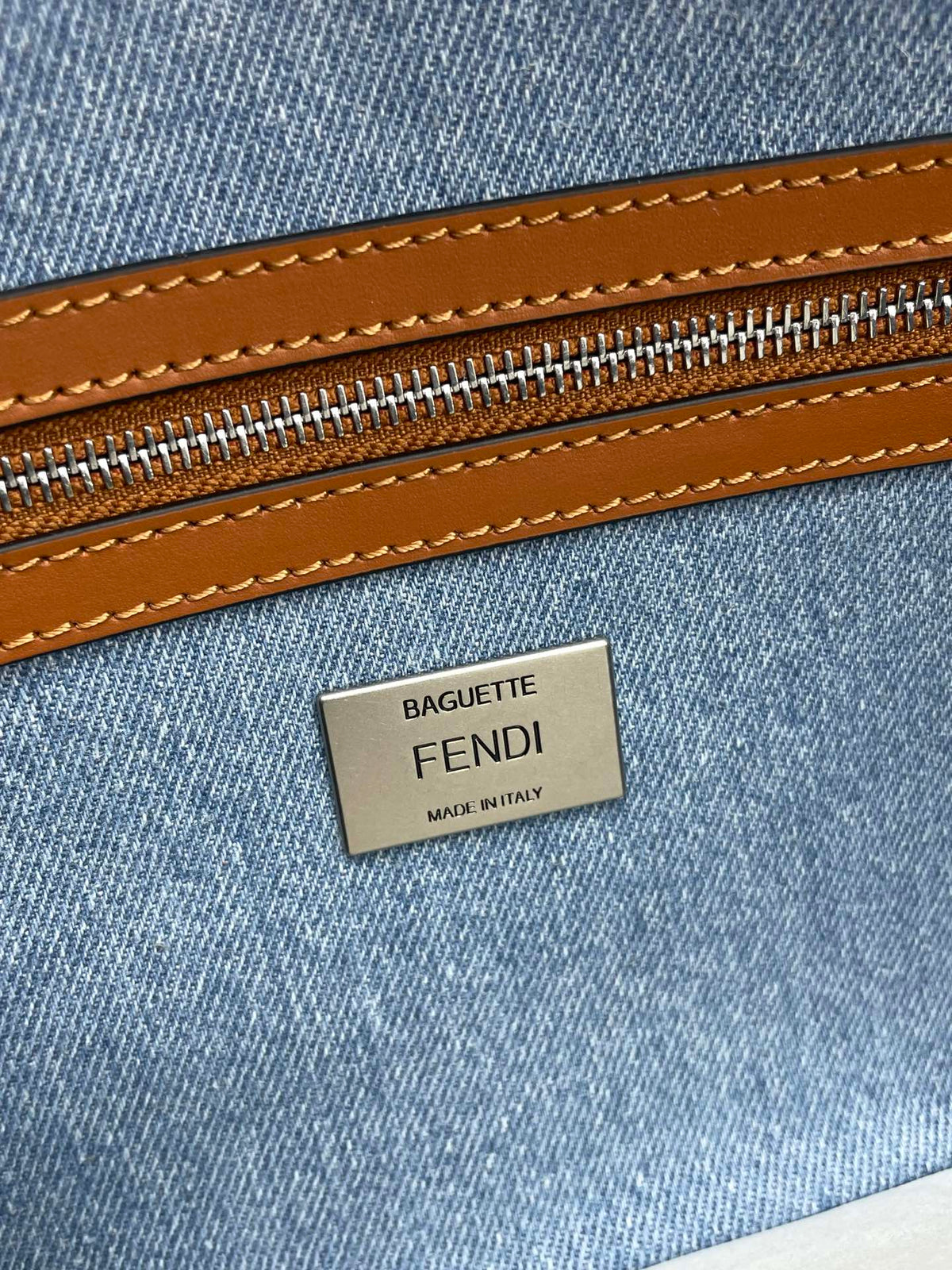 Fend Baguette Blue Brown Canvas Bag 27 with Ff Embroidery Ghw