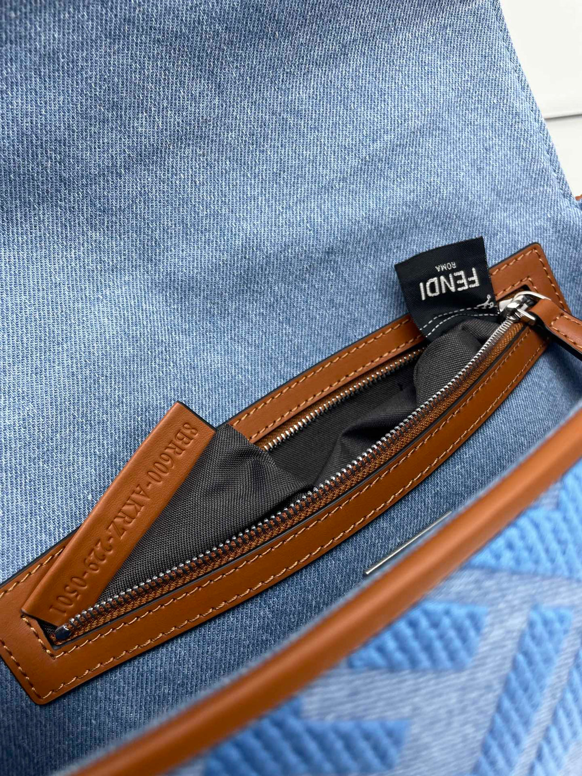 Fend Baguette Blue Brown Canvas Bag 27 with Ff Embroidery Ghw