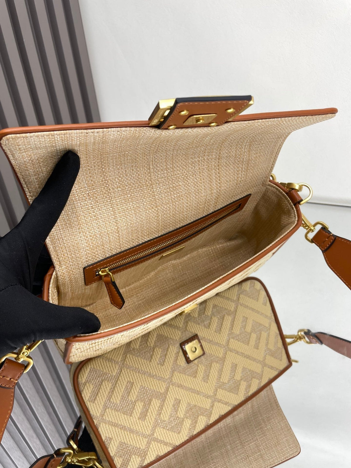 Fend Baguette Gold Tan Canvas Bag 27 with Ff Embroidery Ghw
